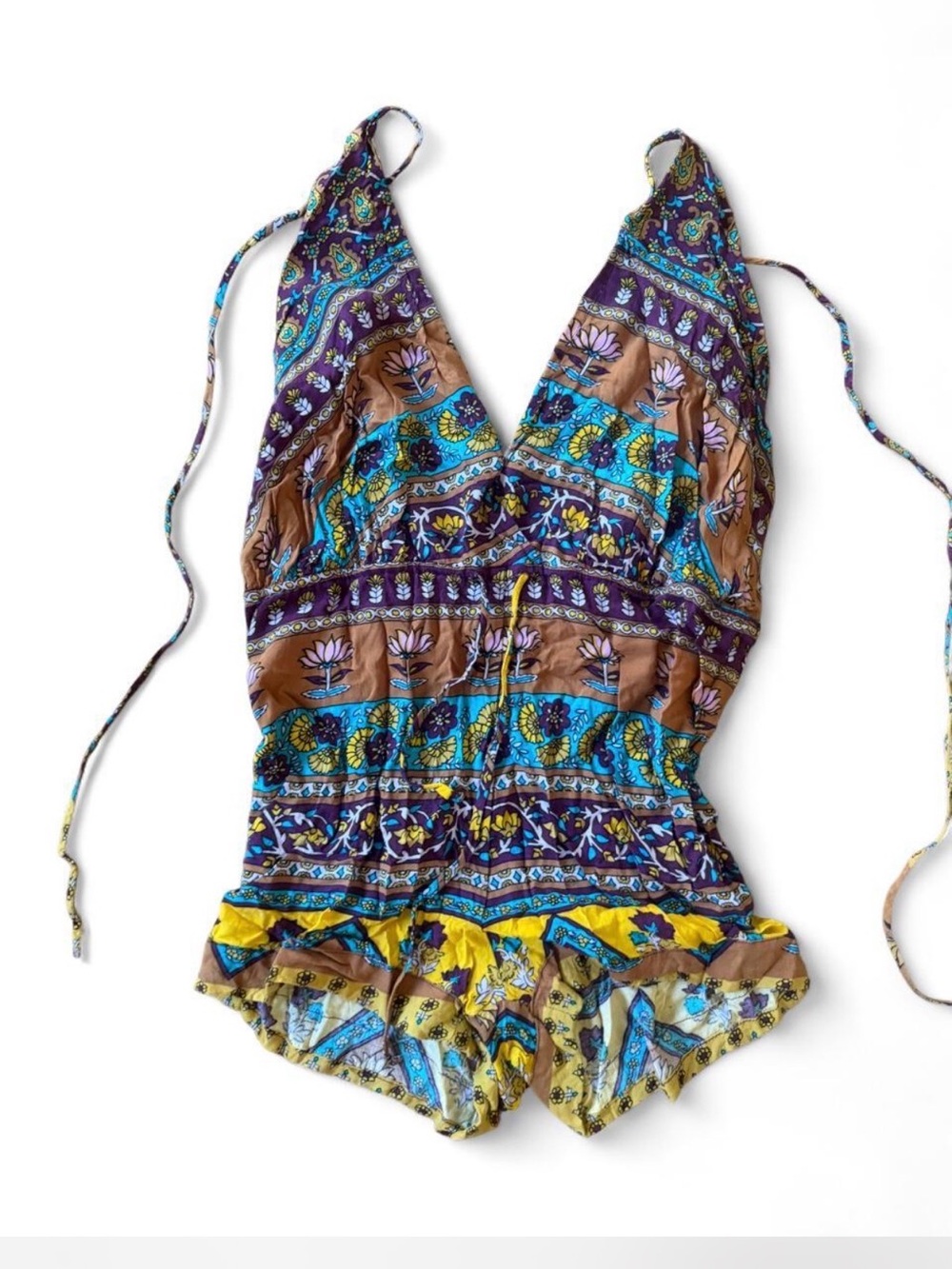 Boho Floral Print V-Neck Romper in Teal, Purple & Mustard